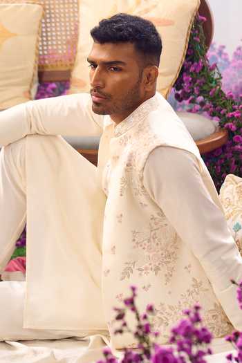 Shop_Aariyana Couture_White Silk, Cotton Embroidery Nehru Jacket And Kurta Set 