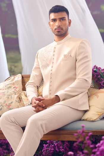 Shop_Aariyana Couture_Beige Zari Placed Embroidered Bandhgala And Trouser Set _Online_at_Aza_Fashions