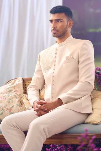 Buy_Aariyana Couture_Beige Zari Placed Embroidered Bandhgala And Trouser Set 
