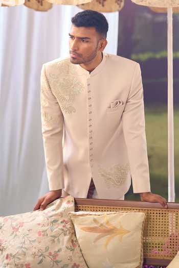 Shop_Aariyana Couture_Beige Zari Placed Embroidered Bandhgala And Trouser Set 