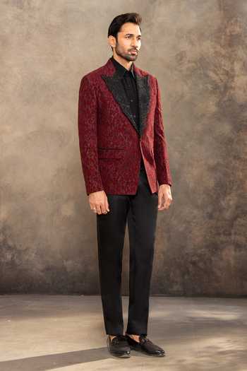 Millionaire_Maroon Net Printed Texture Suit Pant Set _at_Aza_Fashions