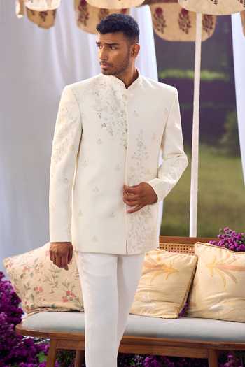 Shop_Aariyana Couture_Cream Embroidery Floral Bandhgala And Trouser Set _Online_at_Aza_Fashions
