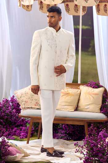 Aariyana Couture_Cream Embroidery Floral Bandhgala And Trouser Set _at_Aza_Fashions