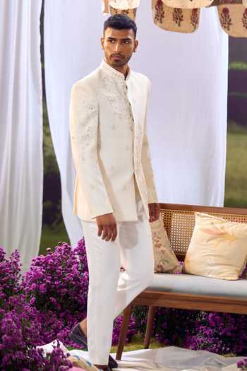 Buy_Aariyana Couture_Cream Embroidery Floral Bandhgala And Trouser Set 