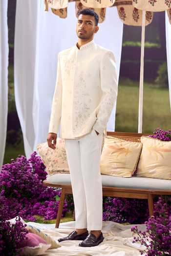 Shop_Aariyana Couture_Cream Embroidery Floral Bandhgala And Trouser Set 