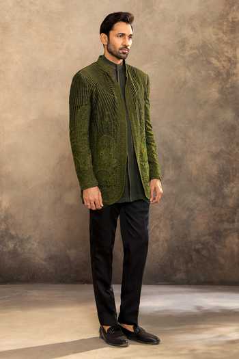 Millionaire_Green Georgette Embroidery Gometric Pattern Bandhgala Set _at_Aza_Fashions