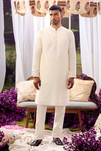 Shop_Aariyana Couture_White Silk, Cotton Embroidery Floral Nehru Jacket And Kurta Set _Online_at_Aza_Fashions
