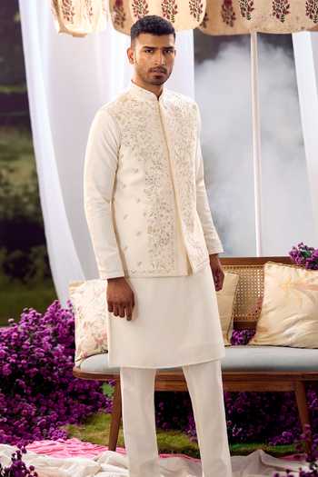 Buy_Aariyana Couture_White Silk, Cotton Embroidery Floral Nehru Jacket And Kurta Set 