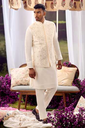 Shop_Aariyana Couture_White Silk, Cotton Embroidery Floral Nehru Jacket And Kurta Set 