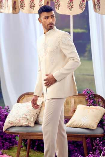 Buy_Aariyana Couture_Beige Embroidery Abstract Bandhgala Set 