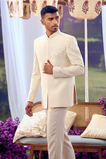 Shop_Aariyana Couture_Beige Embroidery Abstract Bandhgala Set 