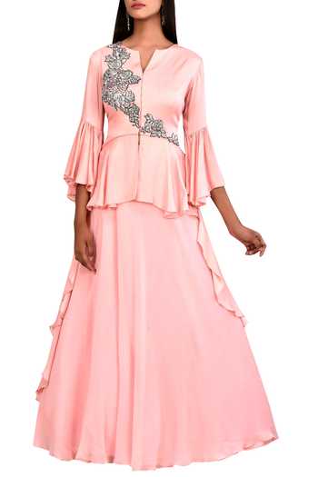 Buy_Arihant Rai Sinha_Pink Crepe, Georgette Embroidery, Floral Motif Peplum Kurta And Flared Lehenga Set 