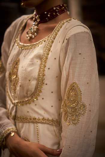 Hirika & Dhruti_Off White Chanderi, Silk Zari Scoop Badla Hand Work Anarkali With Long Jacket _Online_at_Aza_Fashions