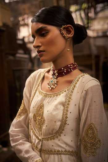 Hirika & Dhruti_Off White Chanderi, Silk Zari Scoop Badla Hand Work Anarkali With Long Jacket _at_Aza_Fashions