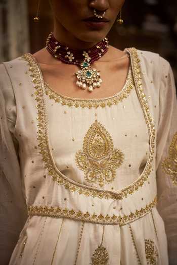 Buy_Hirika & Dhruti_Off White Chanderi, Silk Zari Scoop Badla Hand Work Anarkali With Long Jacket 