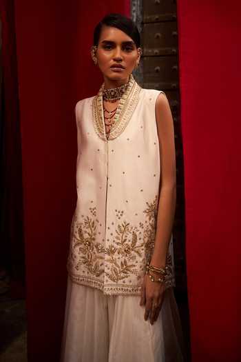 Hirika & Dhruti_Off White Silk, Chanderi Embroidery, Gota Patti Jungle Hand Kurta And Sharara Set _Online_at_Aza_Fashions