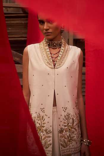 Hirika & Dhruti_Off White Silk, Chanderi Embroidery, Gota Patti Jungle Hand Kurta And Sharara Set _at_Aza_Fashions
