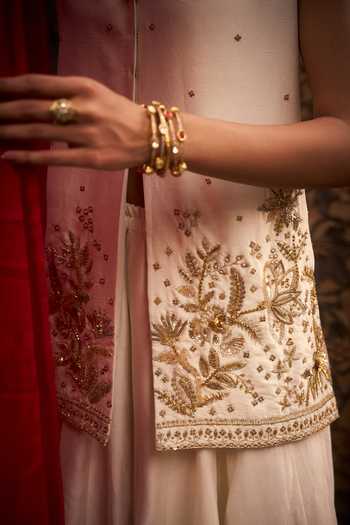Shop_Hirika & Dhruti_Off White Silk, Chanderi Embroidery, Gota Patti Jungle Hand Kurta And Sharara Set 