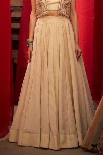 Hirika & Dhruti_Off White Tissue Embroidery Round Neck Hand Jacket Lehenga Set _Online_at_Aza_Fashions