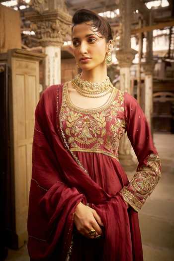 Hirika & Dhruti_Burgundy Silk, Organza Embroidery, Zari, Karnika Hand Work Anarkali With Dupatta _Online_at_Aza_Fashions