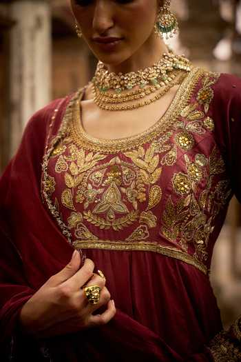 Buy_Hirika & Dhruti_Burgundy Silk, Organza Embroidery, Zari, Karnika Hand Work Anarkali With Dupatta _Online_at_Aza_Fashions