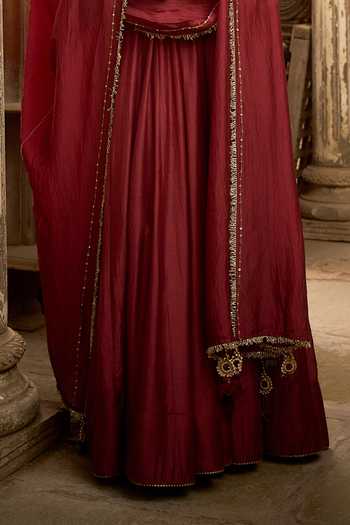 Shop_Hirika & Dhruti_Burgundy Silk, Organza Embroidery, Zari, Karnika Hand Work Anarkali With Dupatta _Online_at_Aza_Fashions