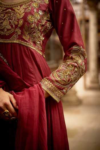 Hirika & Dhruti_Burgundy Silk, Organza Embroidery, Zari, Karnika Hand Work Anarkali With Dupatta _at_Aza_Fashions