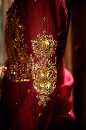 Hirika & Dhruti_Burgundy Chanderi, Cotton, Lycra, Organza Dori Angarkha Anarkali Set _Online_at_Aza_Fashions