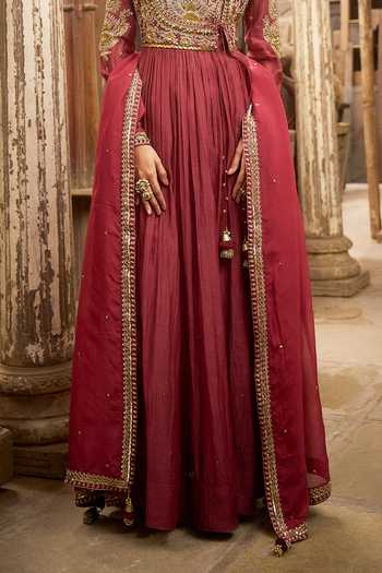 Buy_Hirika & Dhruti_Burgundy Chanderi, Cotton, Lycra, Organza Dori Angarkha Anarkali Set _Online_at_Aza_Fashions