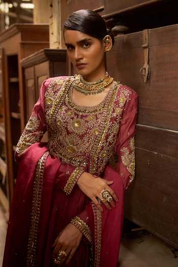 Shop_Hirika & Dhruti_Burgundy Chanderi, Cotton, Lycra, Organza Dori Angarkha Anarkali Set _Online_at_Aza_Fashions