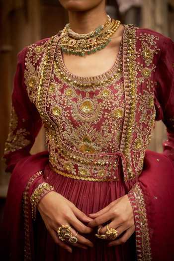Hirika & Dhruti_Burgundy Chanderi, Cotton, Lycra, Organza Dori Angarkha Anarkali Set _at_Aza_Fashions