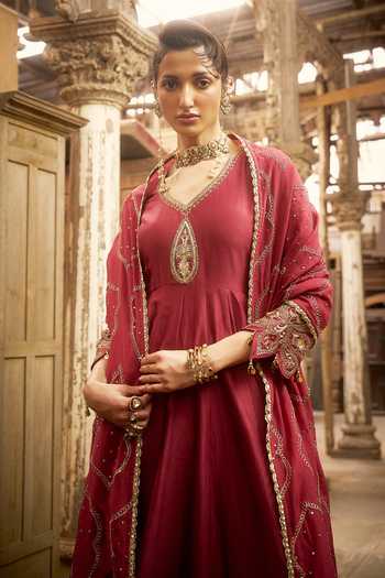 Hirika & Dhruti_Burgundy Silk, Chanderi, Cotton, Lycra, Organza Zardozi Work Anarkali Set _Online_at_Aza_Fashions
