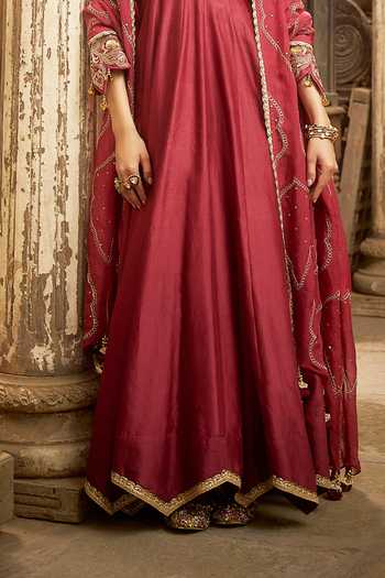 Buy_Hirika & Dhruti_Burgundy Silk, Chanderi, Cotton, Lycra, Organza Zardozi Work Anarkali Set _Online_at_Aza_Fashions