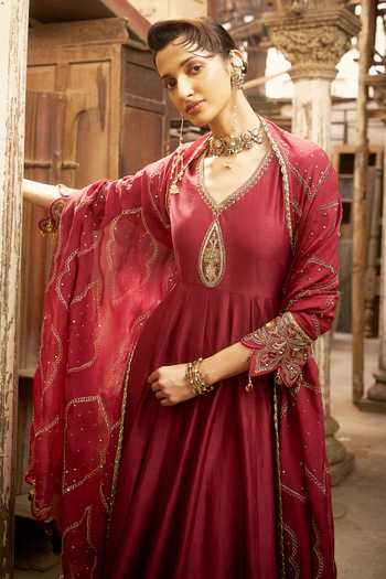 Shop_Hirika & Dhruti_Burgundy Silk, Chanderi, Cotton, Lycra, Organza Zardozi Work Anarkali Set _Online_at_Aza_Fashions