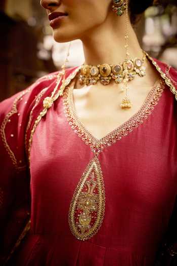 Hirika & Dhruti_Burgundy Silk, Chanderi, Cotton, Lycra, Organza Zardozi Work Anarkali Set _at_Aza_Fashions