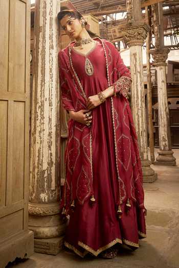 Buy_Hirika & Dhruti_Burgundy Silk, Chanderi, Cotton, Lycra, Organza Zardozi Work Anarkali Set 