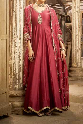 Shop Hirika & Dhruti Wine Zardozi Work Anarkali Set For Kids Shop_Hirika & Dhruti_Wine Zardozi Work Anarkali Set For Kids