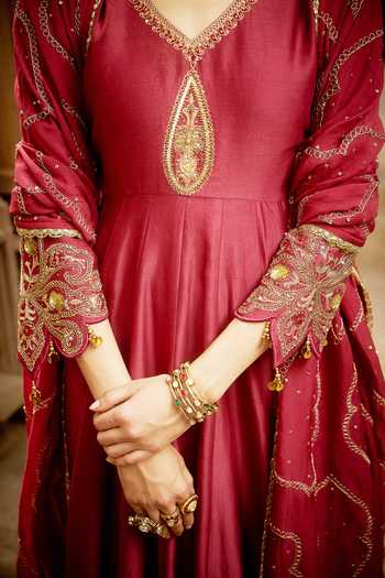Shop_Hirika & Dhruti_Burgundy Silk, Chanderi, Cotton, Lycra, Organza Zardozi Work Anarkali Set 