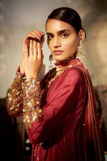 Hirika & Dhruti_Burgundy Silk, Cotton, Lycra, Tissue Embroidery, Sufi Angarkha Anarkali Set _Online_at_Aza_Fashions