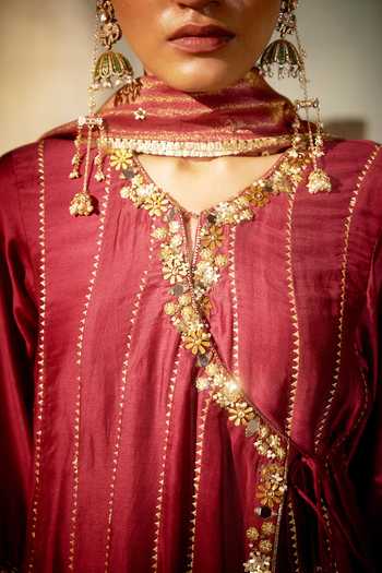 Buy_Hirika & Dhruti_Burgundy Silk, Cotton, Lycra, Tissue Embroidery, Sufi Angarkha Anarkali Set _Online_at_Aza_Fashions