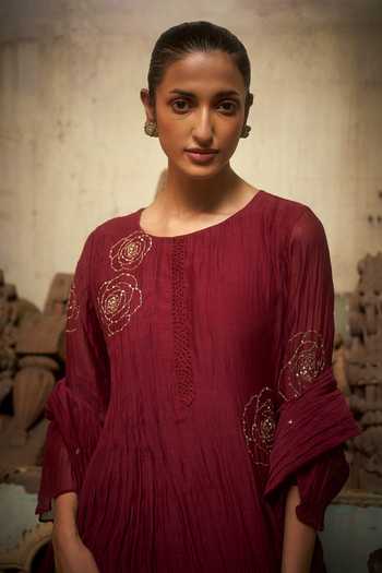 Hirika & Dhruti_Burgundy Chanderi Embroidery Round Neck Rose Pleated Kurta Set _Online_at_Aza_Fashions