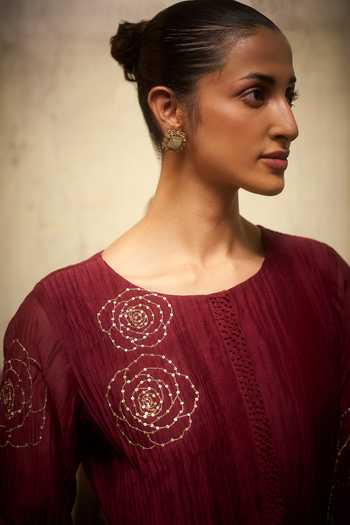 Shop_Hirika & Dhruti_Burgundy Chanderi Embroidery Round Neck Rose Pleated Kurta Set _Online_at_Aza_Fashions