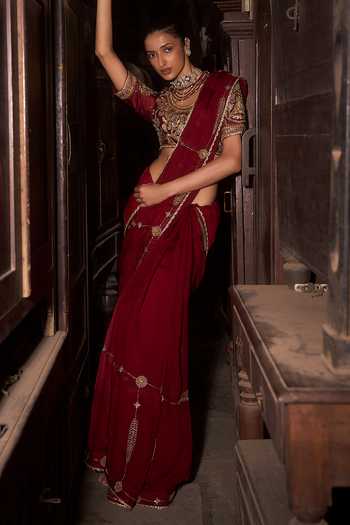 Hirika & Dhruti_Red Silk, Organza, Chanderi Zari, Tassels, Fankaar Hand Work Saree And Blouse Set _Online_at_Aza_Fashions