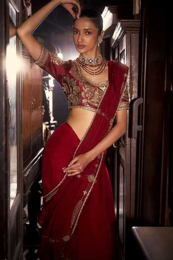 Shop_Hirika & Dhruti_Red Silk, Organza, Chanderi Zari, Tassels, Fankaar Hand Work Saree And Blouse Set _Online_at_Aza_Fashions