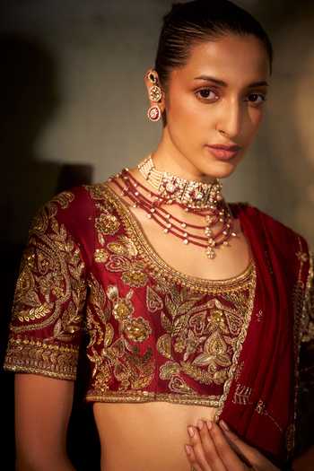 Hirika & Dhruti_Red Silk, Organza, Chanderi Zari, Tassels, Fankaar Hand Work Saree And Blouse Set _at_Aza_Fashions
