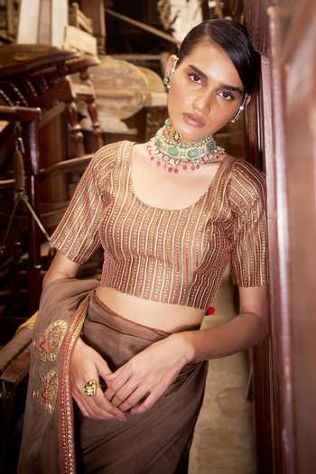 Buy Hirika & Dhruti Brown Organza, Silk, Chanderi Embroidery, Zari Scoop Lehar Saree With Blouse Online at Aza Fashions Buy_Hirika & Dhruti_Brown Organza, Silk, Chanderi Embroidery, Zari Scoop Lehar Saree With Blouse _Online_at_Aza_Fashions