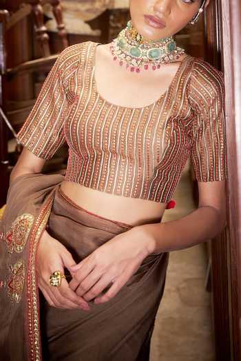 Buy Hirika & Dhruti Brown Lehar Saree With Embroidered Blouse For Kids Buy_Hirika & Dhruti_Brown Lehar Saree With Embroidered Blouse For Kids