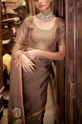 Shop Hirika & Dhruti Brown Lehar Saree With Embroidered Blouse For Kids Online at Aza Fashions Shop_Hirika & Dhruti_Brown Lehar Saree With Embroidered Blouse For Kids_Online_at_Aza_Fashions
