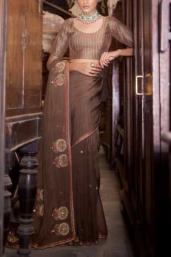Shop Hirika & Dhruti Brown Lehar Saree With Embroidered Blouse For Kids Shop_Hirika & Dhruti_Brown Lehar Saree With Embroidered Blouse For Kids
