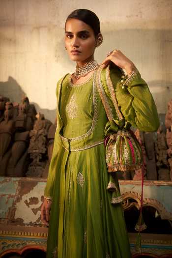 Buy_Hirika & Dhruti_Green Chanderi, Silk Zari Round Neck Nooree Hand Work Anarkali And Long Jacket Set _Online_at_Aza_Fashions